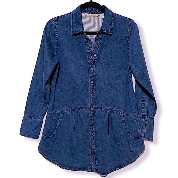 SOFT Surroundings Blue Tencel Hi Lo Button Front Tunic Top Size XS - Picture 2 of 9